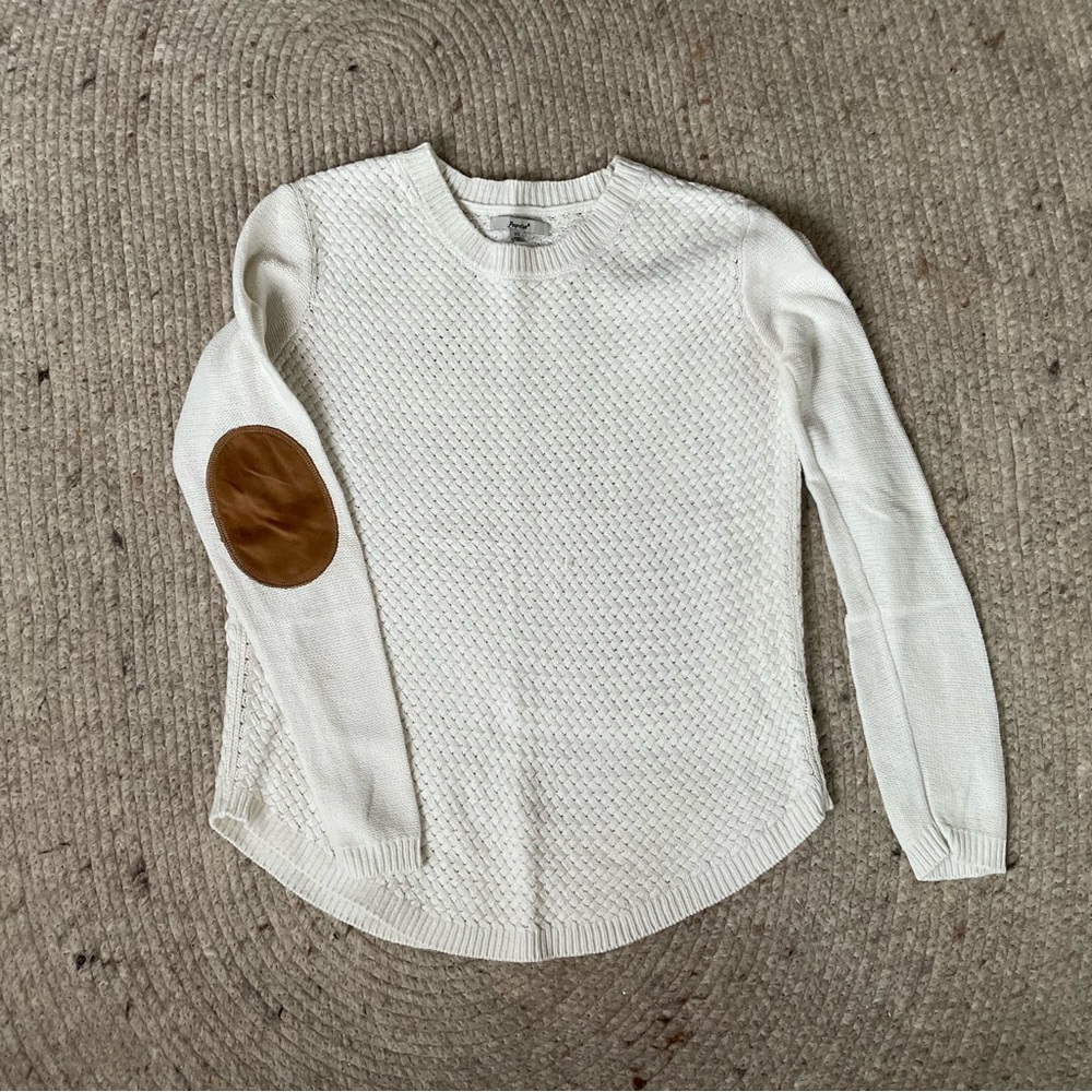 Papaya white knit sweater w/ elbow patches